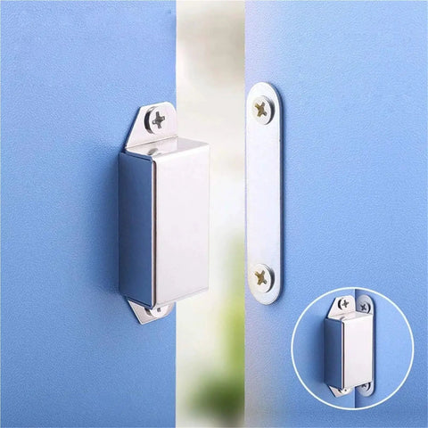 10 Pack Mini Cabinet Magnetic Catch Latches For Doors And Drawers Stainless Steel 55mm mounted on blue cabinet door