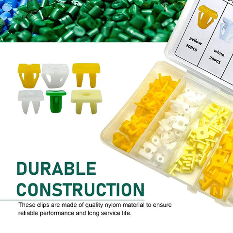 120 Piece Nylon Grommet Screw Nuts Kit for Car Body Repair and License Plates, Universal Plastic Fasteners in case and samples