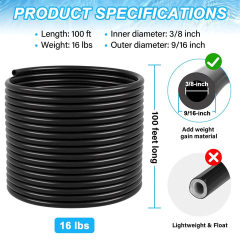 Three Eighths Inch Self Sinking Aeration Hose Kit, 100 Feet Pond Aeration Hose With Eight Stainless Steel Clamps And Four Copper Menders shown coiled with dimensions