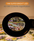 Bifocal Magnifying Desk Lamp With Clamp highlighted, showing 5 Diopter and 20 Diopter magnification on a floral embroidery piece.