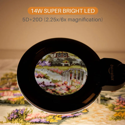 Bifocal Magnifying Desk Lamp With Clamp highlighted, showing 5 Diopter and 20 Diopter magnification on a floral embroidery piece.