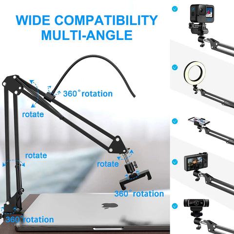 Overhead Camera Mount With Ring Light 6 Inch Reach Adjustable Articulating Arm for iPhone Camera and Webcam showcasing multi-angle rotation.