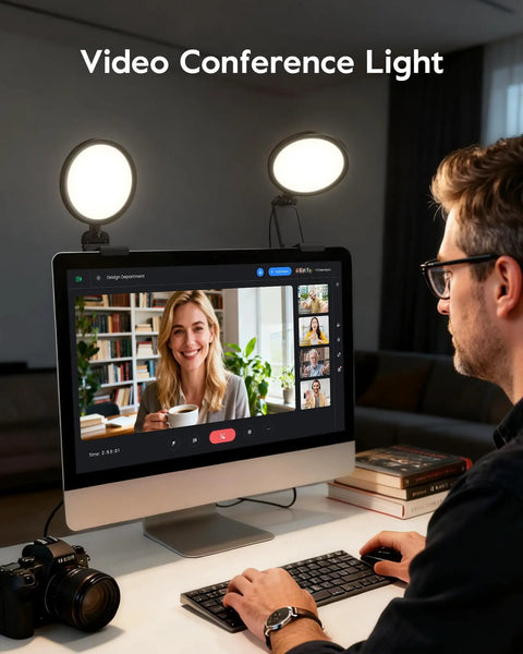 Person using Dope Eye Friendly 5 Inch Ring Light For Computer With Flicker Free Illumination during video call on monitor at desk.