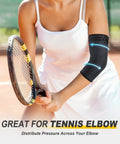 Two Pack Elbow Compression Sleeve For Tendonitis And Tennis Elbow Relief Golfers Elbow Support in use during tennis play.