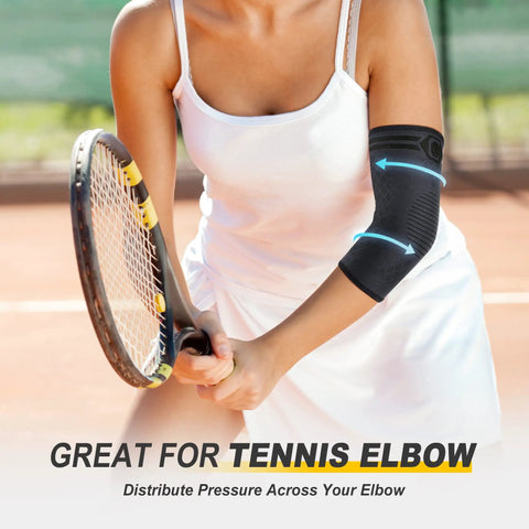 Two Pack Elbow Compression Sleeve For Tendonitis And Tennis Elbow Relief Golfers Elbow Support in use during tennis play.