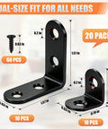 Heavy Duty L Brackets Corner Braces Kit, 20 Piece Stainless Steel Angle Supports With Matching Screws And Storage Tin, Built Tough Multi Size Hardware For Shelving, Fixer Upper Gigs, And Smooth Assembly image showing dual-size L brackets in black, dimensions labeled.