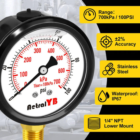 Close-up of Lead Free 100 PSI Two Point Five Inch Pressure Gauge With Stainless Steel Case Liquid Filled, showing dual scale and features.
