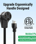Rugged NEMA 5-15P To 14-50R Adapter Cord showing ergonomic handle design and molded plug for secure connections.