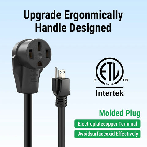 Rugged NEMA 5-15P To 14-50R Adapter Cord showing ergonomic handle design and molded plug for secure connections.