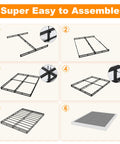 Heavy Duty King Size Box Spring And Mattress Base With Low 7 Inch Profile Solid Metal Frame assembly steps in six images.