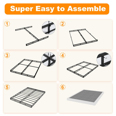 Heavy Duty King Size Box Spring And Mattress Base With Low 7 Inch Profile Solid Metal Frame assembly steps in six images.