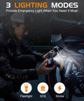 Person using mini bike pump with gauge and light next to motorcycle, showcasing 3 lighting modes: flashlight, SOS, strobe.