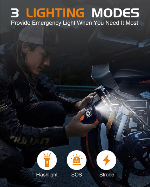 Person using mini bike pump with gauge and light next to motorcycle, showcasing 3 lighting modes: flashlight, SOS, strobe.