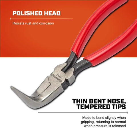 6 Inch Curved Needle Nose Pliers With Cushion Grip showing polished head and bent nose, ideal for tight corners and durability.