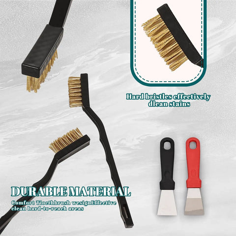 12 Piece Mini Brass Brush Set with Curved Handles and 2 Cleaning Scrapers for Scraping and Descaling Metal and Wood Surfaces