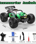 Rad All Terrain RC Monster Truck Off Road 2WD Hobby Car with accessories including remote, batteries, and charger