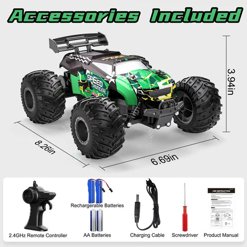 Rad All Terrain RC Monster Truck Off Road 2WD Hobby Car with accessories including remote, batteries, and charger