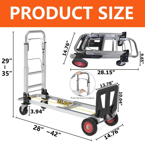 2-In-1 Folding Hand Truck And Dolly Platform Cart Convertible For Heavy Duty Lifting 500-700 Lb Capacity With All Terrain Rubber Wheels And Smooth Ride Switch Between Vertical And Flat Modes dimensions
