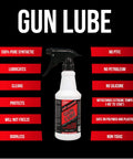 All-Conditions Synthetic Gun Lube CLP for Rifles Pistols Shotguns, 16-Ounce Trigger Spray bottle on graphic background highlighting features