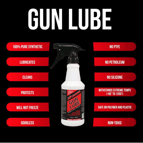 All-Conditions Synthetic Gun Lube CLP for Rifles Pistols Shotguns, 16-Ounce Trigger Spray bottle on graphic background highlighting features