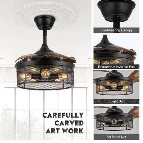 36 Inch Caged Ceiling Fan With Remote Control And Chandelier Light Kit Retractable Blades Six Speeds Quiet Energy Efficient Indoor For Living Room And Bedroom Decor Bulbs Not Included featuring retractable blades and art metal net.