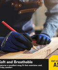 Person wearing Fiberglass Free A5 Cut Resistant Gloves For Men With Touchscreen Safety, Nitrile Grip Coated, Blue XL, holding a pencil