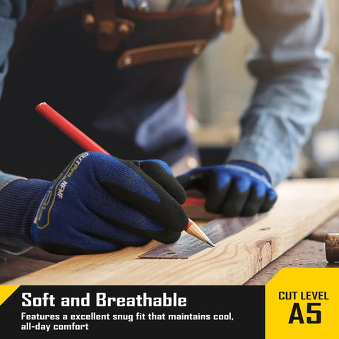 Person wearing Fiberglass Free A5 Cut Resistant Gloves For Men With Touchscreen Safety, Nitrile Grip Coated, Blue XL, holding a pencil