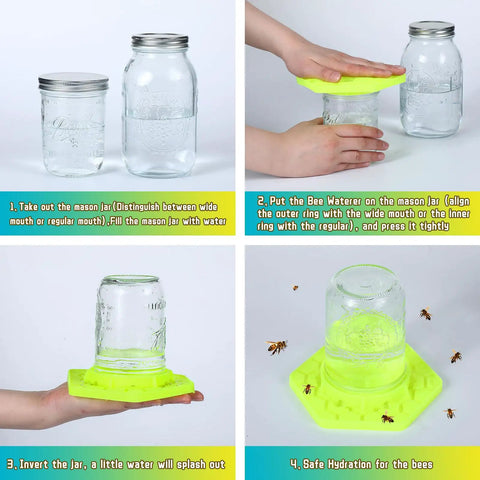 2 Pack Bee Watering Station For Garden Beekeeping, Silicone waterer with mason jars shown in yellow and cyan configuration.