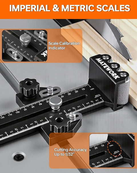 Pro Shop Grade Thin Rip Jig For Table Saw Featuring three heavy duty rollers with imperial and metric scales for precision cuts.