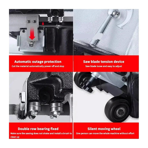 Features of Pro Grade 250W Portable Cordless Band Saw, including outage protection, blade tension device, and silent wheels.