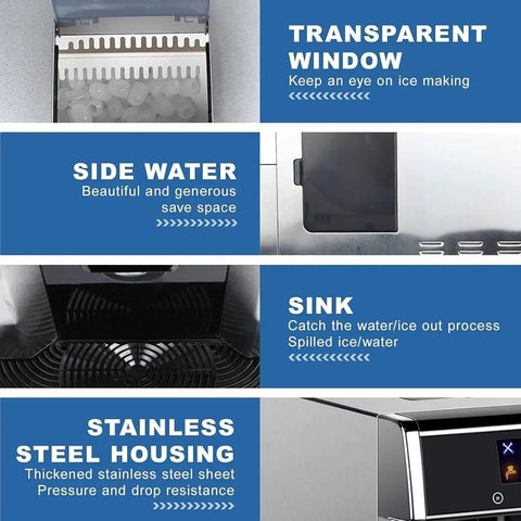 Heavy Duty Countertop Ice Maker With Two In One Cold Water Dispenser and Quick Chill Tech showing transparent window, sink, and stainless steel housing.