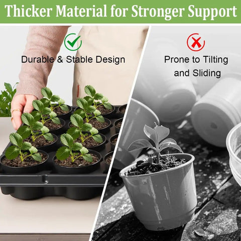 3 Inch Plastic Plant Pots Set With 100 Pots And 5 Pcs 20 Cell Seed Starter Trays showing durable design and stability in use