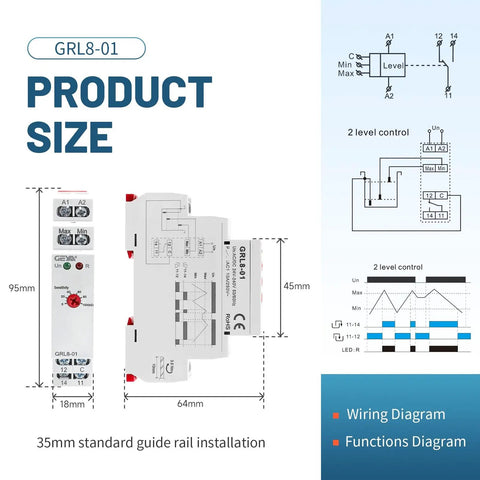 Water Level Sensor Control Relay 10A For DIN Rail AC/DC 24V-240V with wiring and function diagrams, model specifications shown.