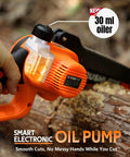 Close-up of the smart electronic oil pump on a cordless chainsaw from the 2 In 1 Mini Chainsaw Kit, with focus on the 30 ml oiler.