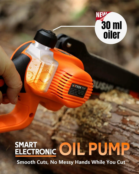 Close-up of the smart electronic oil pump on a cordless chainsaw from the 2 In 1 Mini Chainsaw Kit, with focus on the 30 ml oiler.