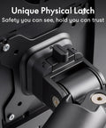 Close-up of Heavy Duty Single Monitor Arm physical latch mechanism showing durable aluminum construction for secure mounting.