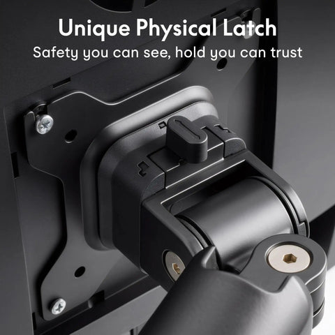 Close-up of Heavy Duty Single Monitor Arm physical latch mechanism showing durable aluminum construction for secure mounting.