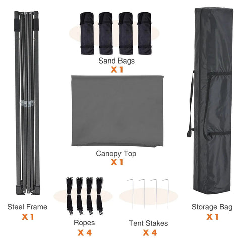 10x10 Ft Pop Up Canopy Tent With Sand Bags Easy Up Instant Shelter components including steel frame, canopy top, sand bags, ropes, stakes