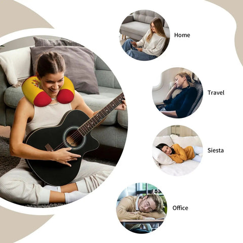 Person using Spanish Flag Print U Shaped Travel Pillow With Memory Foam Core while playing guitar, with lifestyle images.