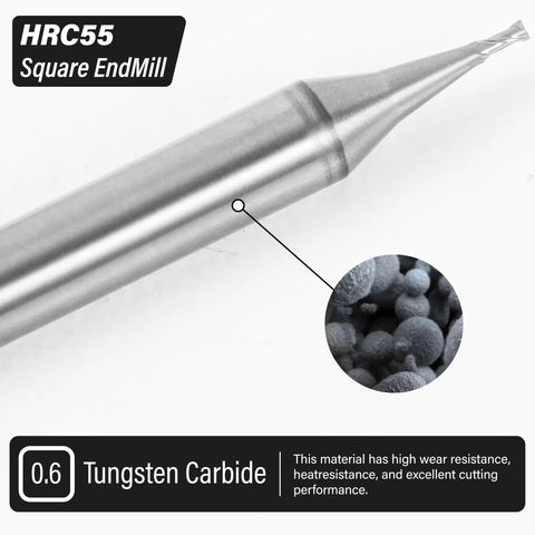 0.6mm Micro Carbide Flat End Mill 2 Flutes Uncoated Micro Grain CNC Milling Cutter For Aluminum, close-up view.