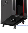 Built Different 37U Server Rack Cabinet 39 Inch Deep Locking Network Enclosure showing bottom with wheels and load capacity details.