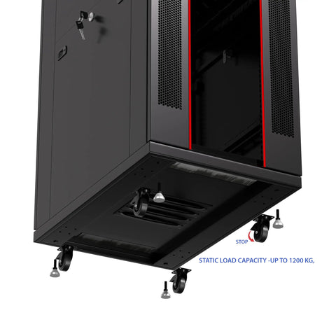 Built Different 37U Server Rack Cabinet 39 Inch Deep Locking Network Enclosure showing bottom with wheels and load capacity details.