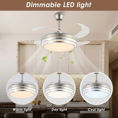 Dimmable LED Slick Retractable Blades Ceiling Fan With Lights Remote Control For Bedroom Living Room 42 Inch Nickel Finish
