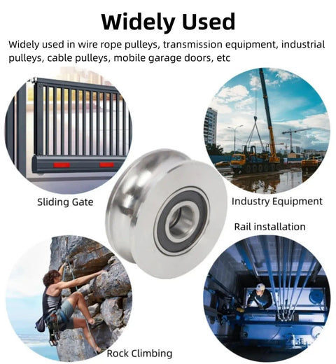 Beefy 2Pcs Stainless Steel Deep U Groove Pulley 8mm Inner Dia Wheel Bearings Wire Rope Pulley Bearing Steel Cable Pulley Load Bearing 431Kg For Industry Equipment shown with sliding gate and crane use