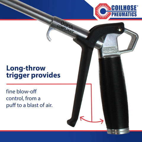 Typhoon High Volume Blow Gun With 24 Inch Extension And High Flow Tip For Industrial Cleanup Packs 34 CFM At 125 PSI One Quarter Inch NPT Long Reach Debris Blowing Tool showing long-throw trigger and grip
