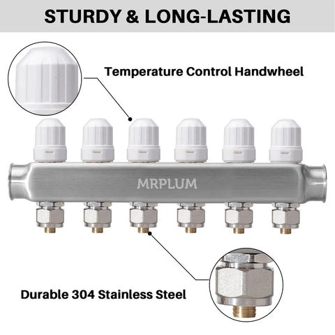 6-Branch Radiant Heat Manifold for Hydronic Floor Heating Stainless Steel PEX Manifold with Temperature Control Handwheels