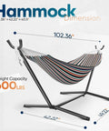 Image of heavy duty outdoor hammock with stand for two people, 600 lb capacity, showing dimensions and striped fabric design.