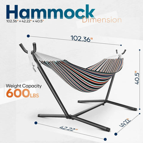 Image of heavy duty outdoor hammock with stand for two people, 600 lb capacity, showing dimensions and striped fabric design.