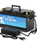 12.8V 100Ah LiFePO4 Battery With 100A BMS for Trolling Motor, Boat, RV and Solar, shown with charging cables