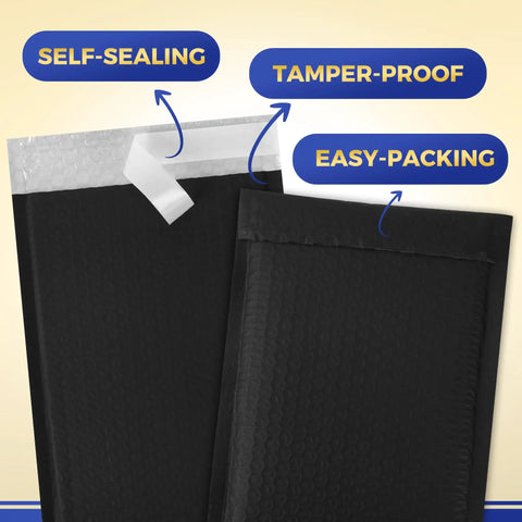 110 Count Self Sealing Bubble Mailers 6x10 Inch Waterproof Padded Envelopes with 6x9 Inch Usable Space showing self-sealing feature